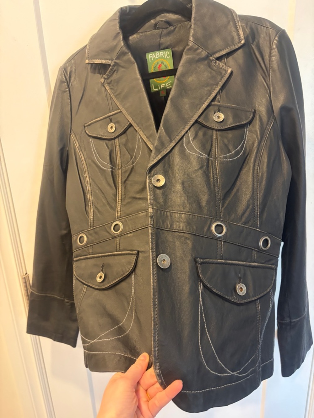 Women's Black Leather Button-Front Blazer - Picture 2 of 16